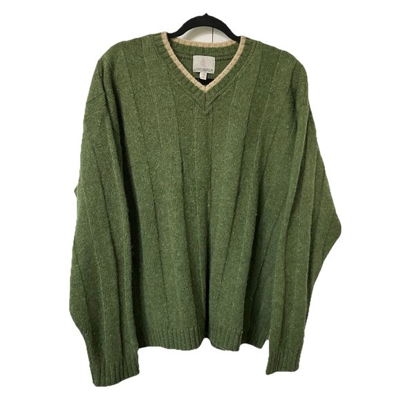 Vintage London Fog Sweater Mens L Green Wool Ribbed V-neck Academia Grandpa - Picture 1 of 7